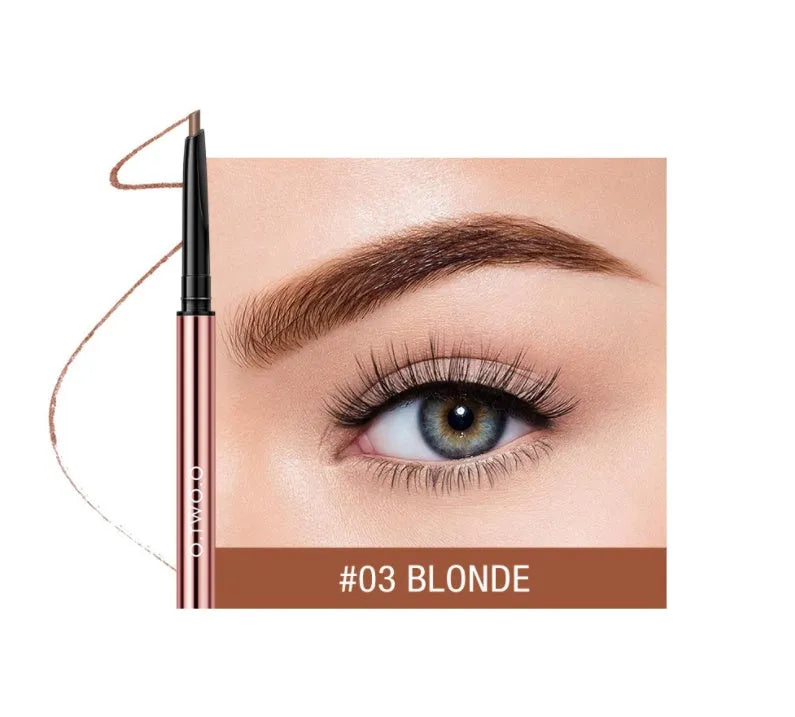 Slim eyebrow makeup pencil in colour box packaging with six shade options.