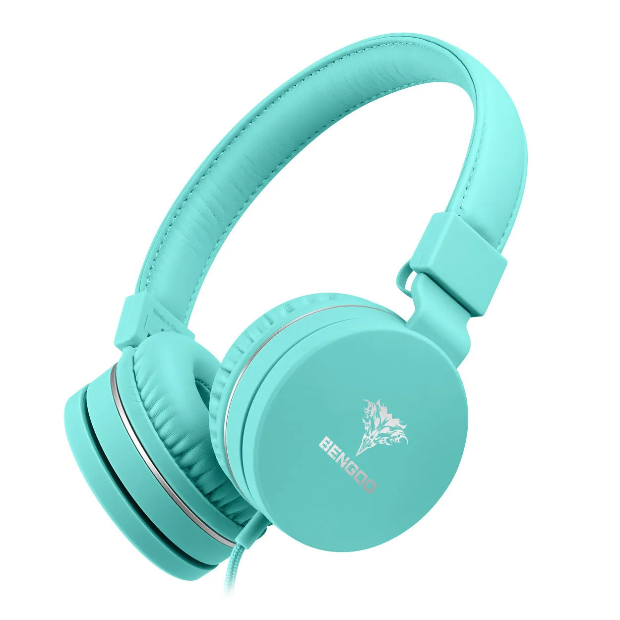 Bengoo C30 wired over-ear headphones in mint green with braided cable and 3.5mm plug