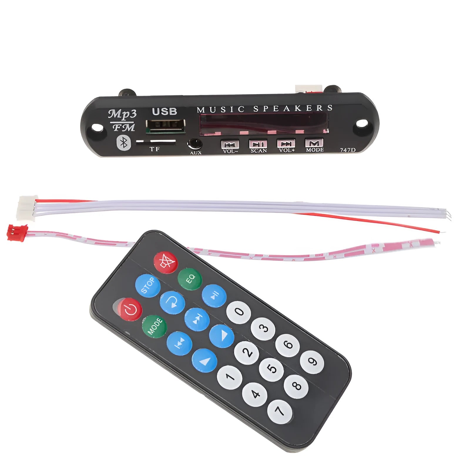 Bluetooth MP3 decoder board with FM radio function, remote control, 106 by 25 by 38 mm, 130 grams, hardware construction