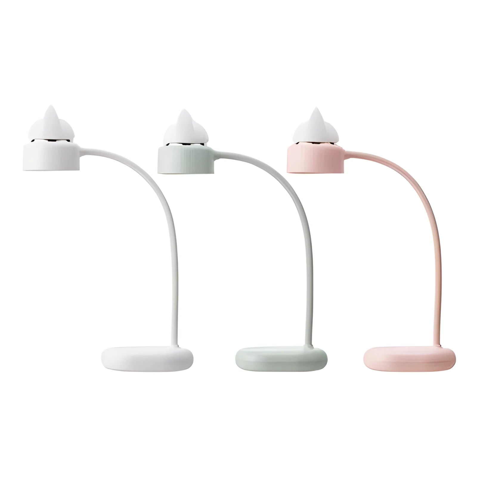 White rechargeable LED clip desk lamp with touch controls on a wooden desk.
