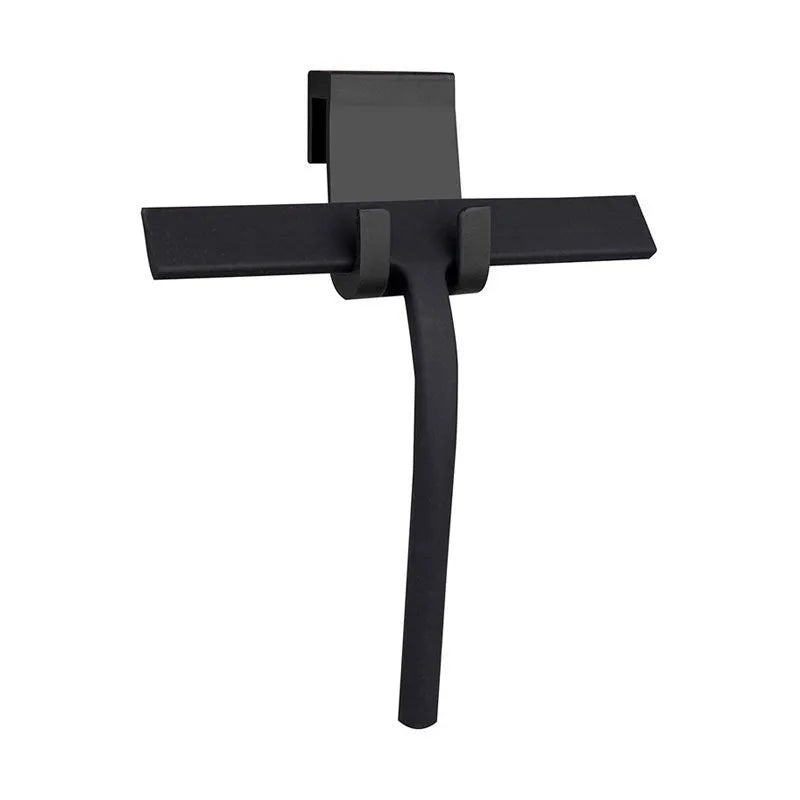 Silicone glass wiper with hook, 22.8cm scraper length, black colour, on a shower screen edge