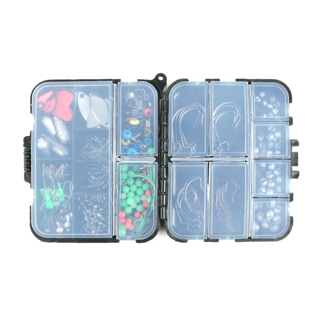 Black plastic storage box containing 188 stainless steel fishing accessories including swivels, snaps, and beads