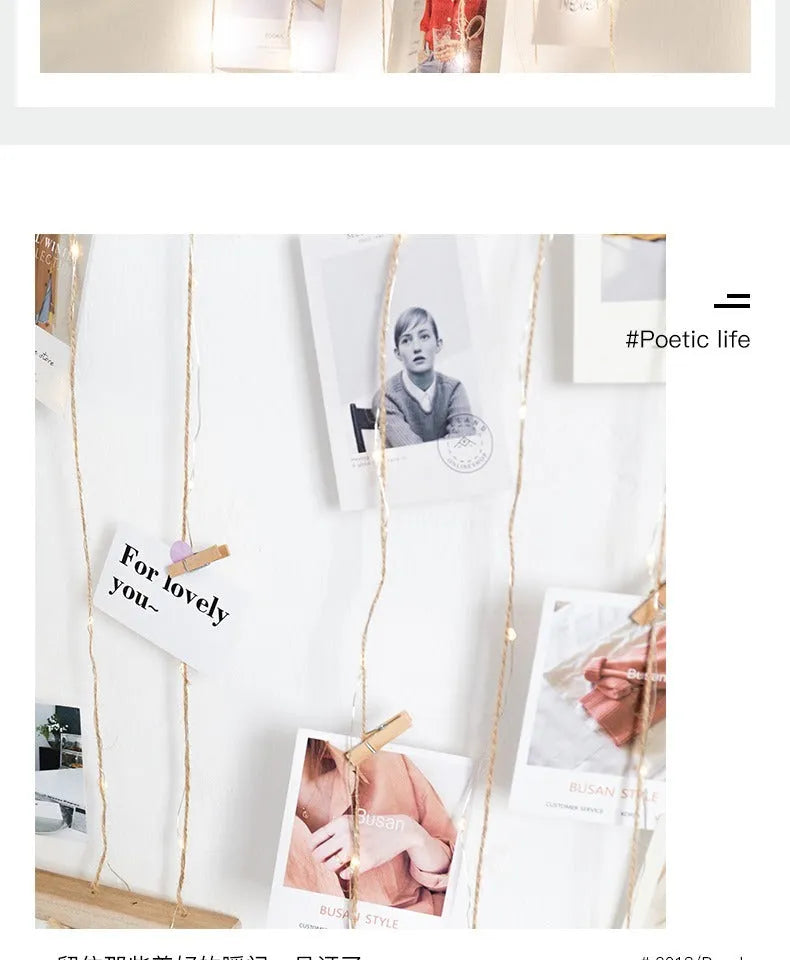 Wooden stick and natural hemp rope photo wall hanging pendant with wooden clips for displaying polaroids