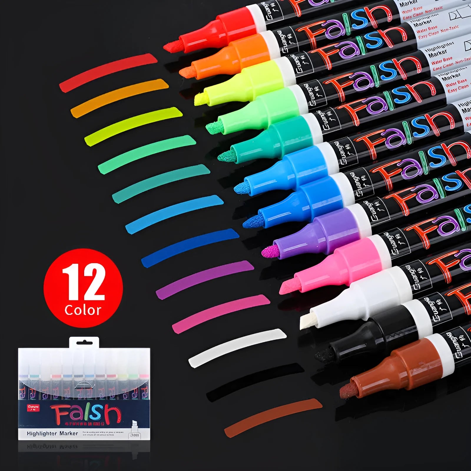 Set of electronic fluorescent board highlighter pens with plastic shells in multiple colours on a retail card.