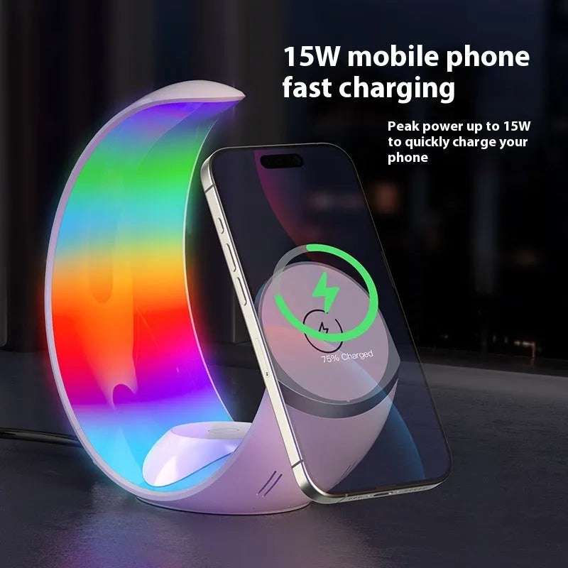 White wireless ambience night lamp and USB charger unit with Type-C port for phones and watches.