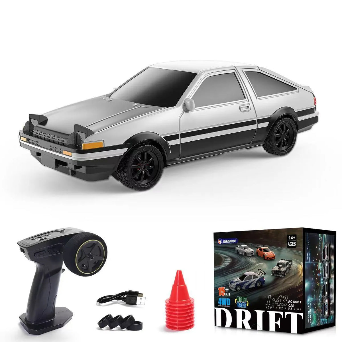 Remote control car in 1:43 scale, four-wheel drive, silver Porsche style, plastic body on light background