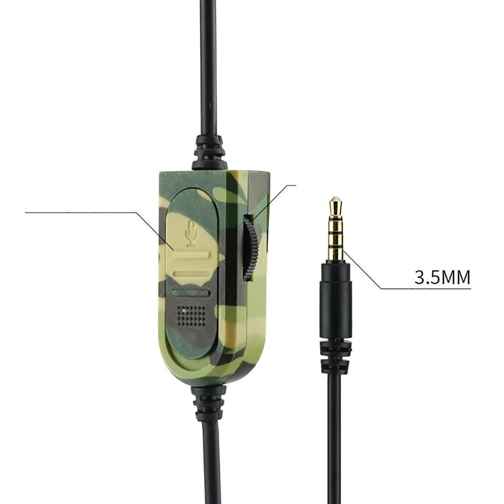 Army green camouflage wired over-ear gaming headset with microphone and black cable.