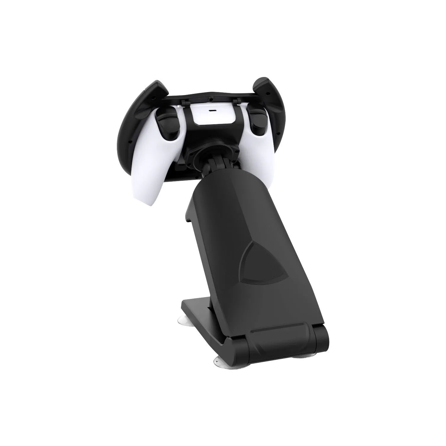 Black ABS gamepad steering wheel bracket with suction cup for mounting a smartphone.