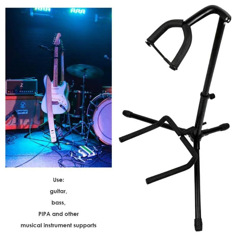 Black foldable metal guitar stand with soft rubber protective pads, holding a guitar.