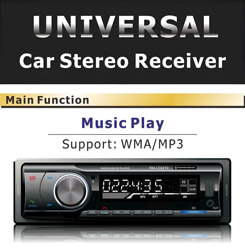 Car stereo Bluetooth FM MP3 receiver with USB and SD card slots, remote control, measuring 178x50x115mm