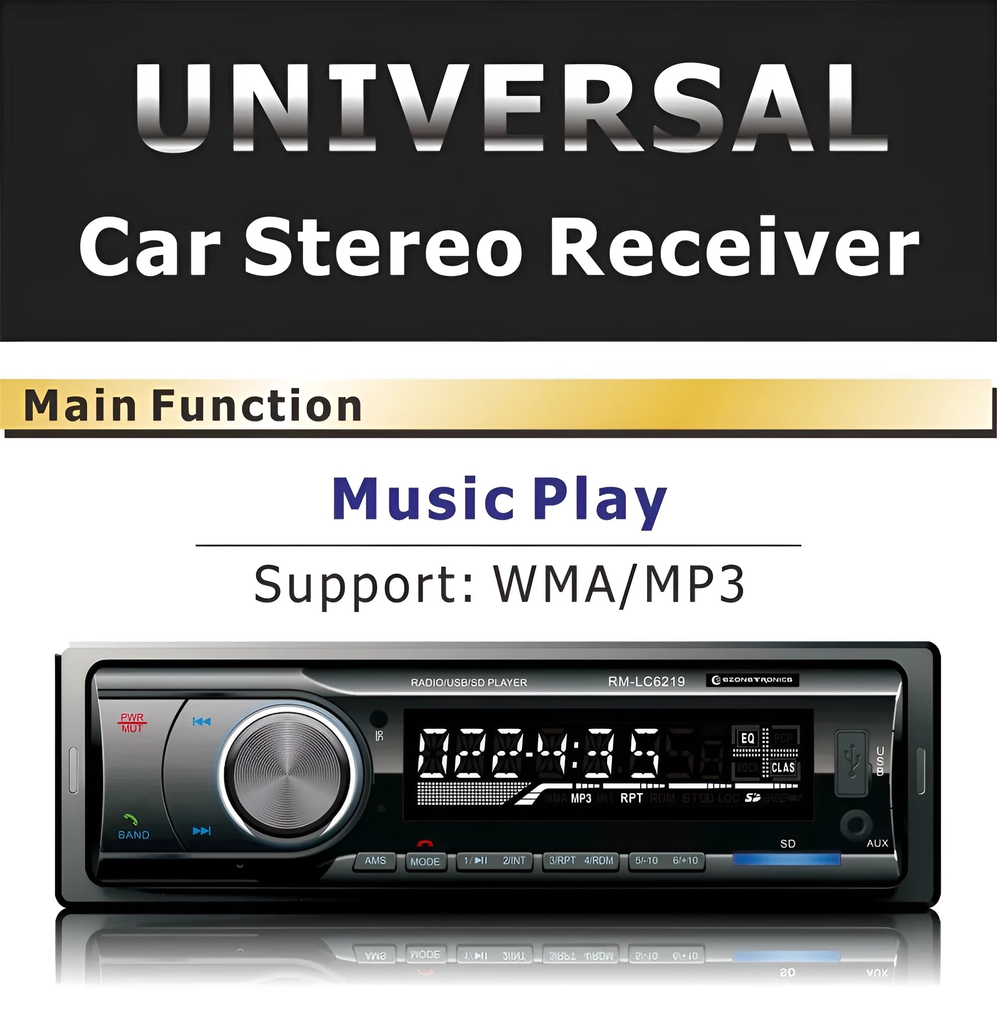 Car stereo Bluetooth FM MP3 receiver with USB and SD card slots, remote control, measuring 178x50x115mm
