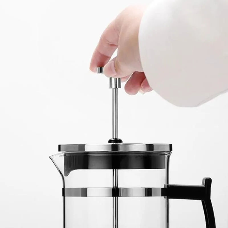 Glass pour-over coffee maker with stainless steel filter, 350ml capacity, 17cm tall.