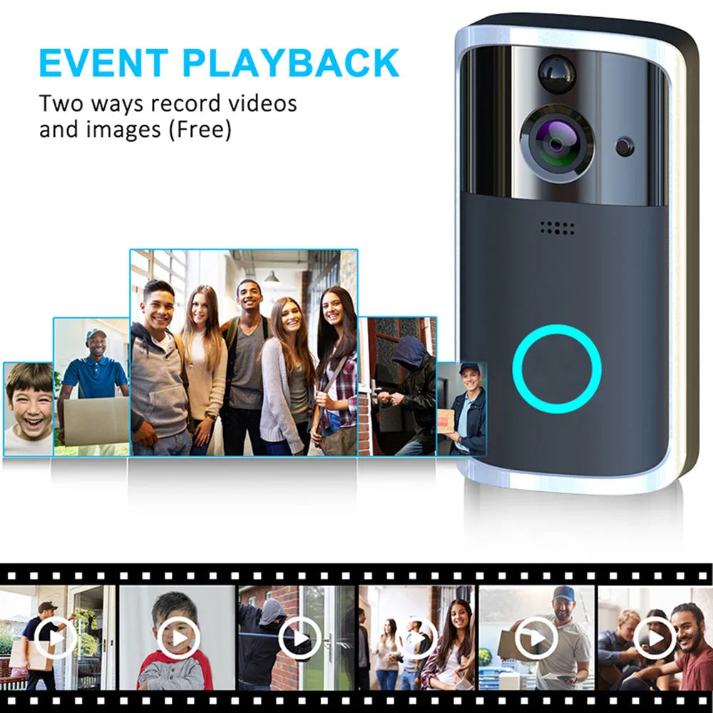 Black WiFi video doorbell camera with infrared night vision and two-way intercom against a white wall