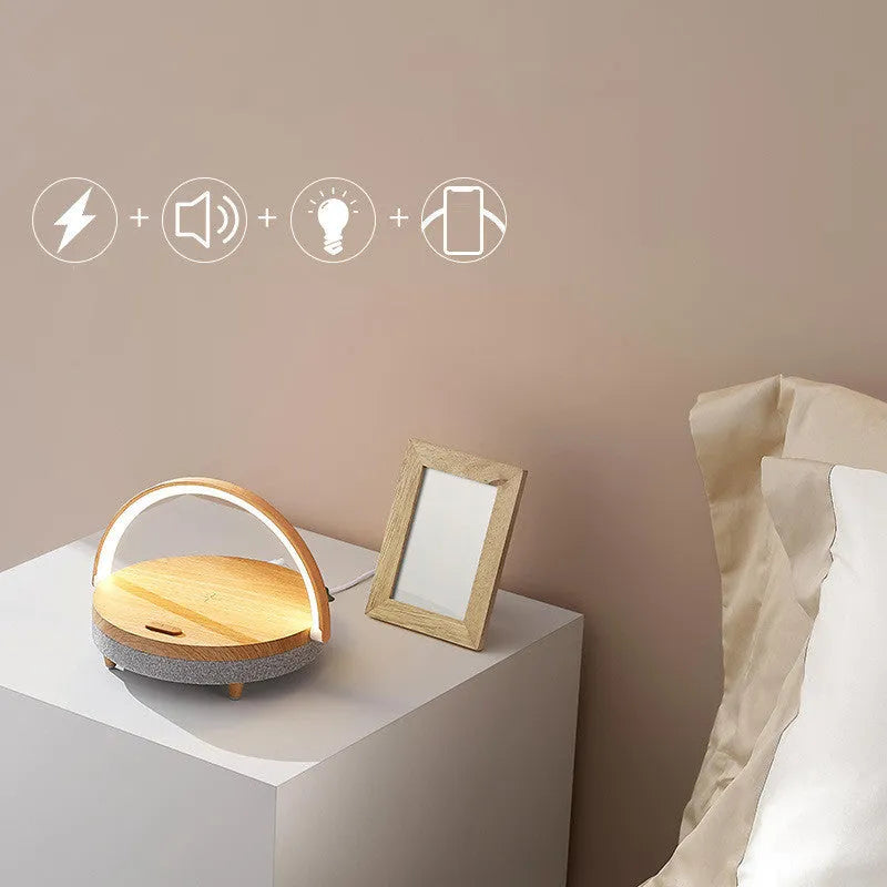 White marble pattern wireless charging bedside lamp with Bluetooth speaker and integrated mobile phone holder