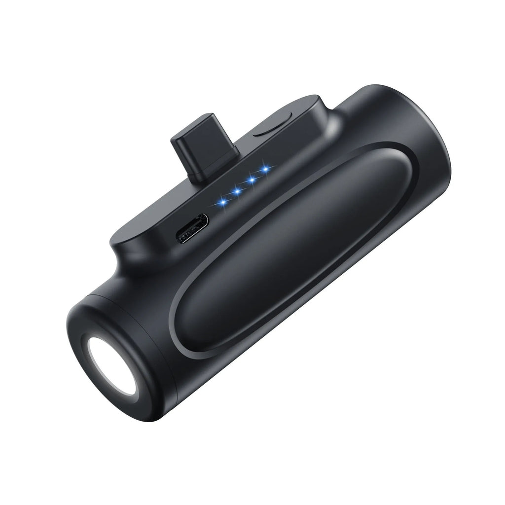 Black Creative Power Bank Glare Flashlight showing LED light on and compact 83mm size next to a mobile phone.
