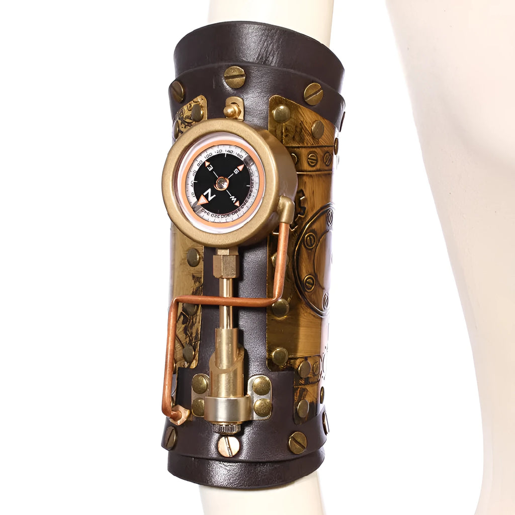 Steampunk compass bracelet with metal compass pendant on black PU leather strap.