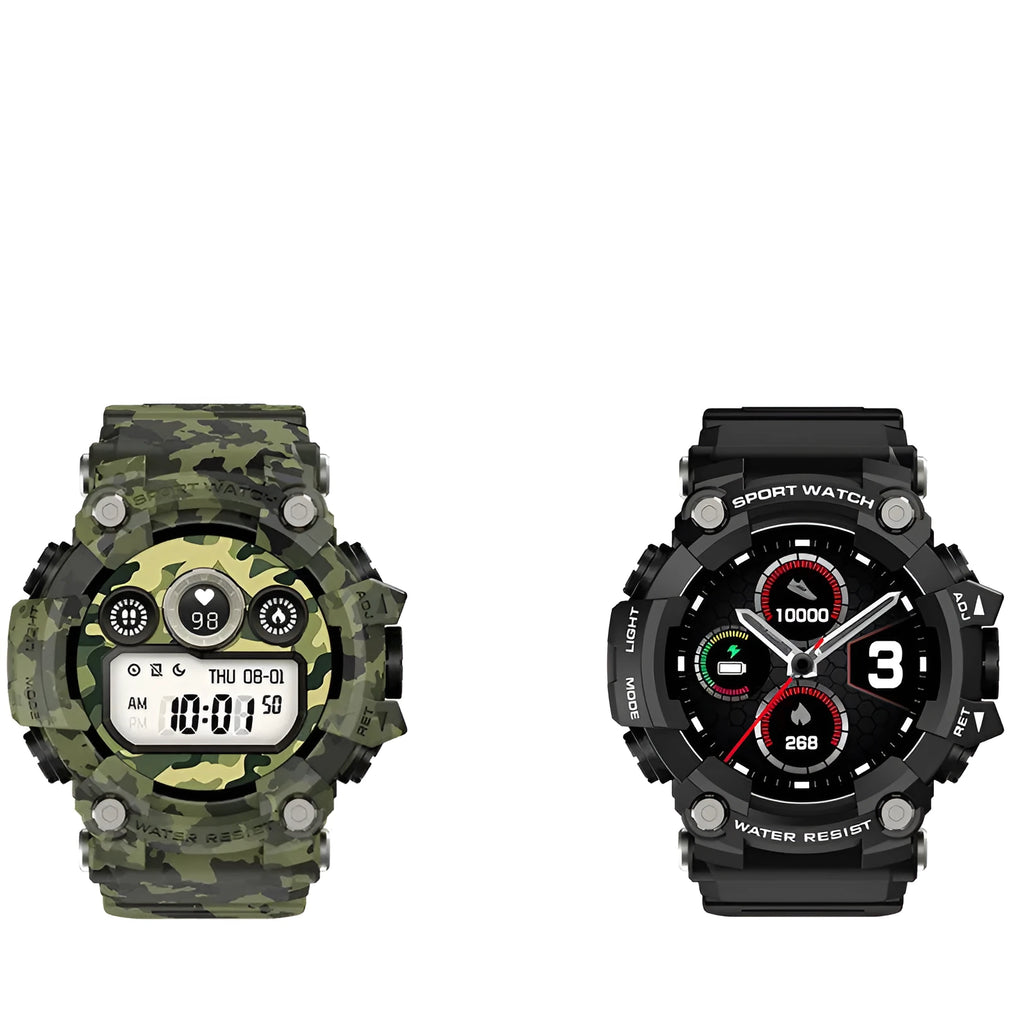 T6 Tactical Rugged Smart Watch in Black or Green with 1.3-inch touch screen on wrist.