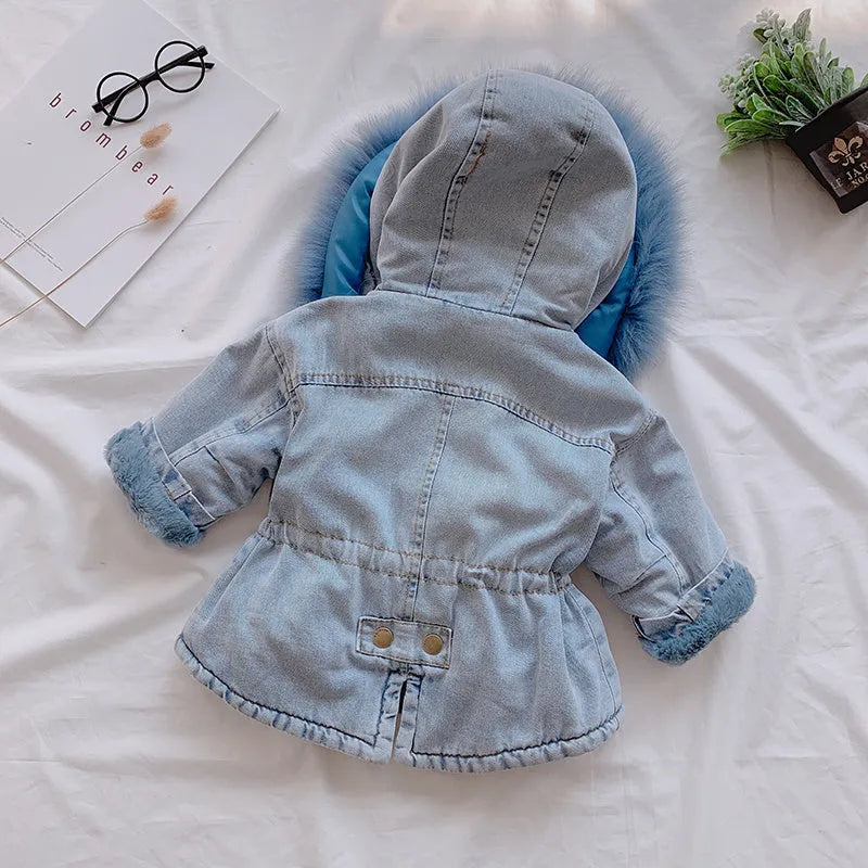 Blue girls denim coat with non-detachable hood and fleece lining.
