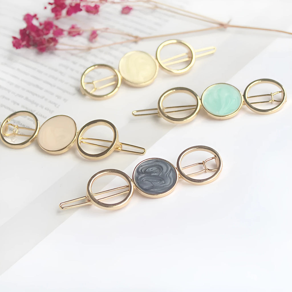 Round metal hairpin with opal crystal centre in beige colour, 7cm alloy construction