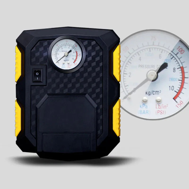 12V car tyre pump with 60cm gas pipe and digital display, connected to a cigarette lighter socket for inflation