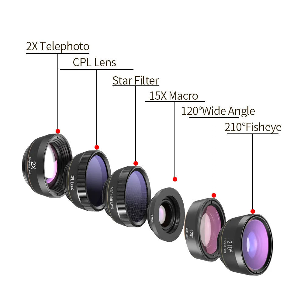 Black 6-in-1 smartphone camera lens kit with fisheye, wide-angle, macro, telephoto, CPL and star filter lenses and universal clip