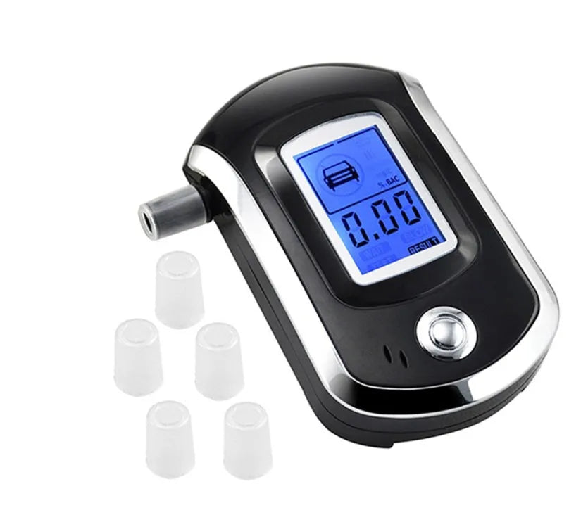 Black portable alcohol breathalyser tester with digital screen and mouthpiece