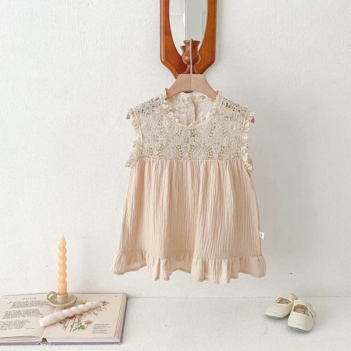 Baby girl cotton waffle lace romper in white with pullover style, suitable for 66-130cm height