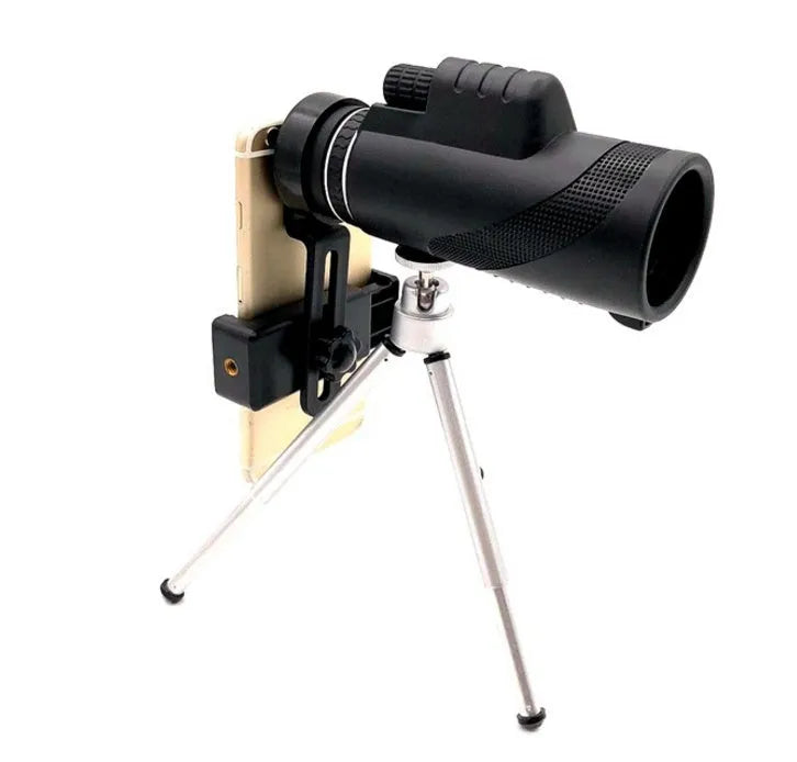 Black HD 40x60 cellphone telescope monocular with 40x magnification shown next to a smartphone.