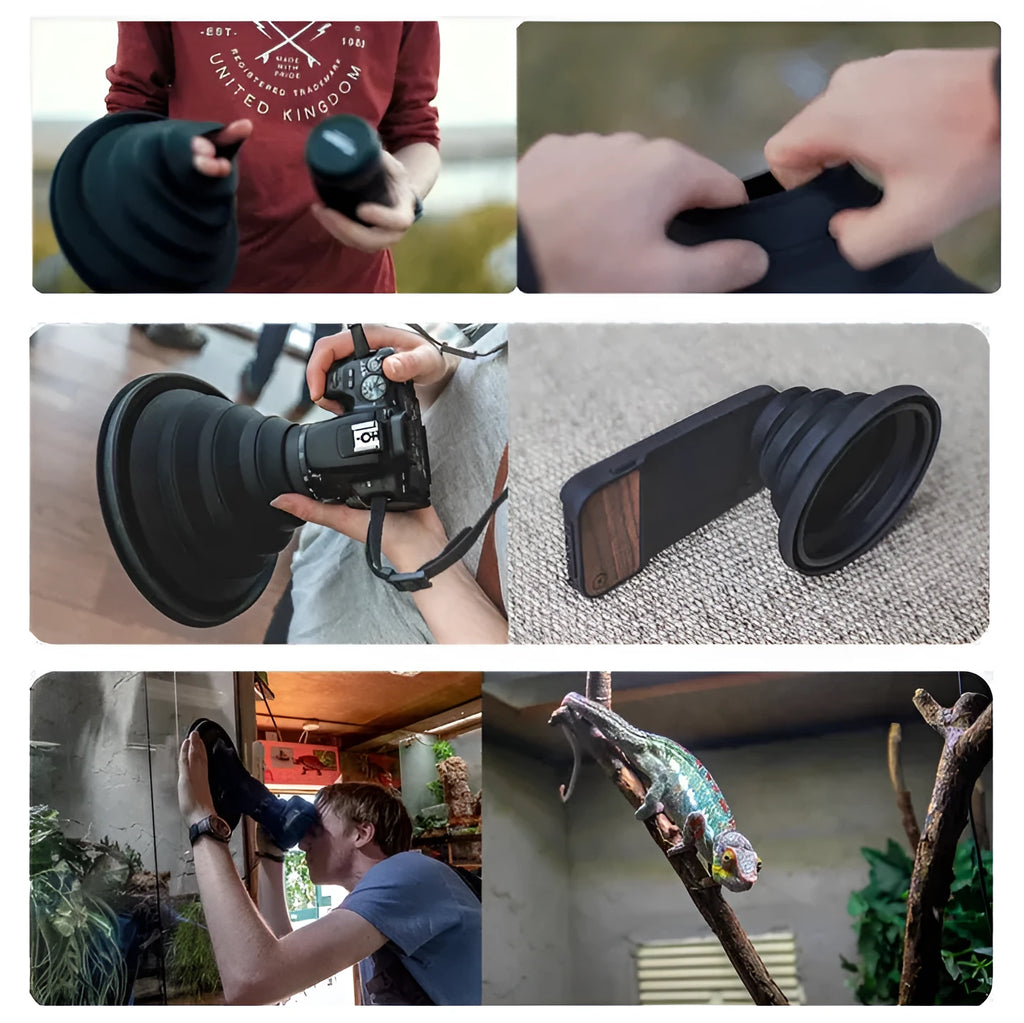 Black conical silicone lens hood for SLR camera showing large and small size options