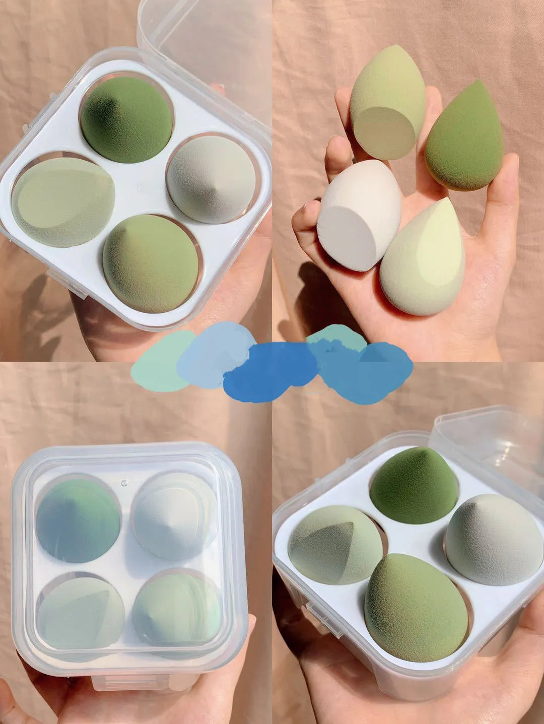 Set of four colourful egg-shaped makeup sponges in Grape, Mango, Mint, and Peach Peach.