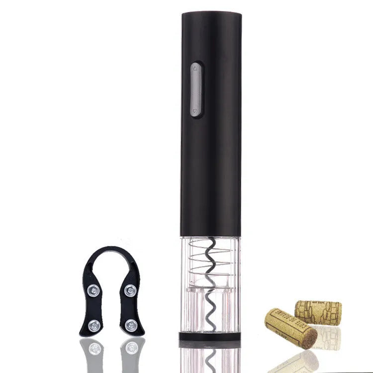 Automatic electric wine bottle opener with foil cutter in black, red, or white colours showing ABS plastic body and transparent window