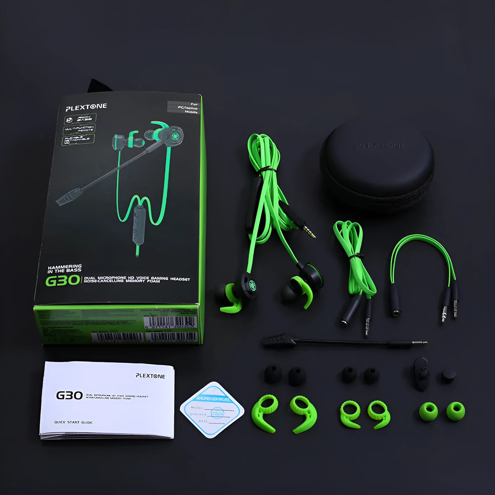 Shuangmai wired in-ear computer gaming headset in black, green, and red colours showing 1.5 cm cable.