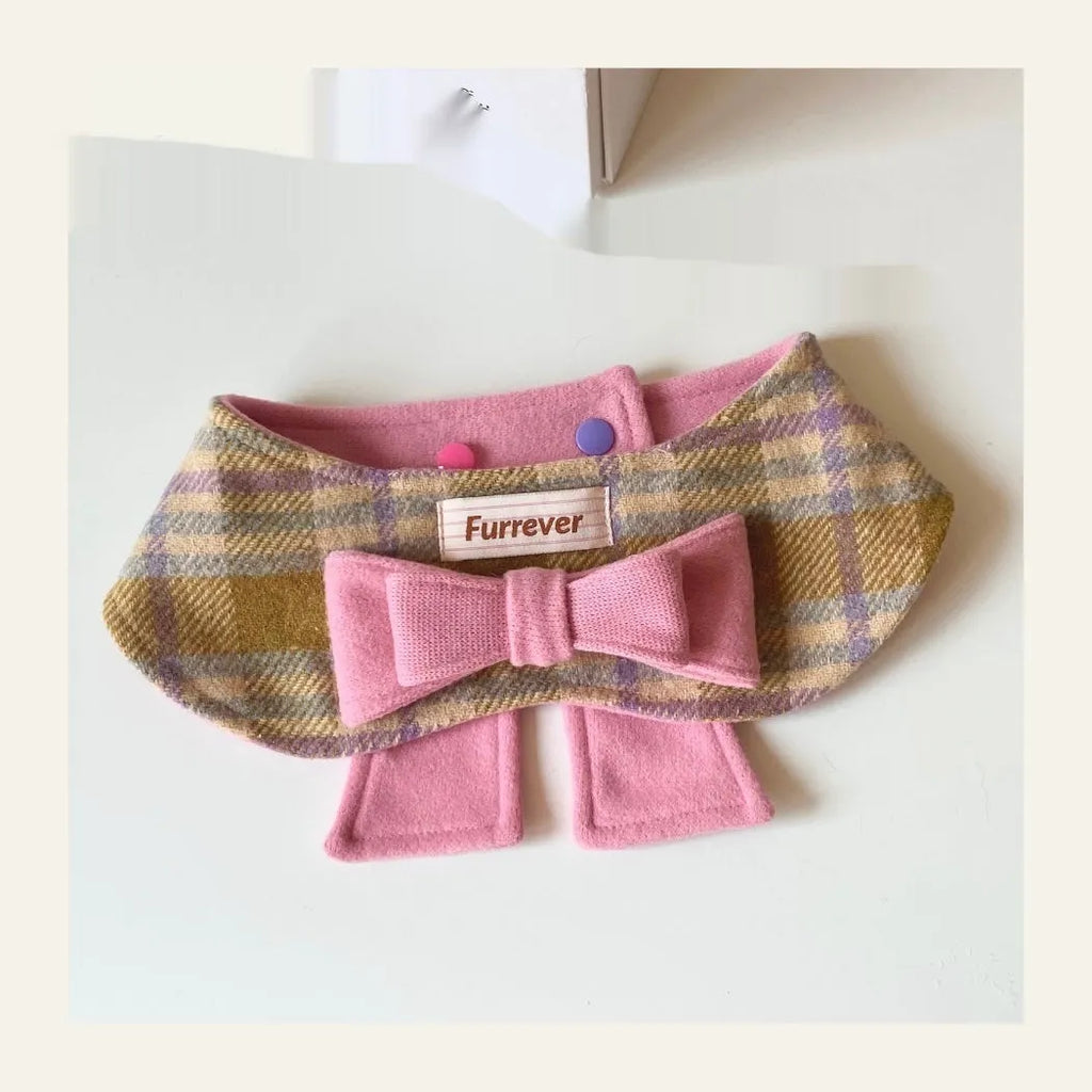 My Maillard Puppy Bow Bib in Maillard Gift colour, adjustable polyester dog feeding collar with decorative bow, size options from Mini to XL