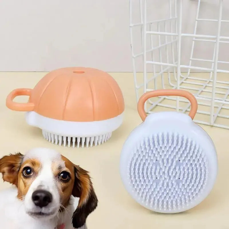 Orange TPR dog bath brush with shampoo dispenser and massage bristles