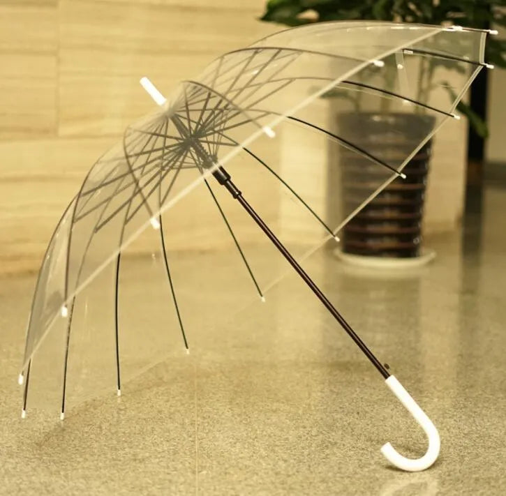 Transparent 16-rib umbrella with long black handle fully opened showing steel frame structure