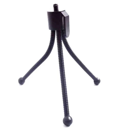 Small iron frame mini tripod with hose-style legs folded, compatible with Apple iPhone.
