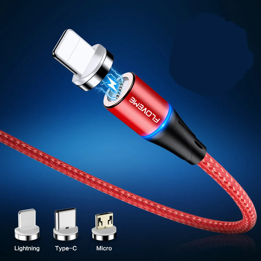 Black magnetic charging cable with LED light indicator for Apple and Android smartphones