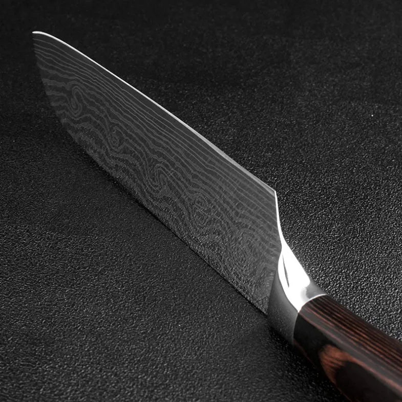 Stainless steel kitchen chef knife with laser Damascus pattern on blade and coloured wood handle.