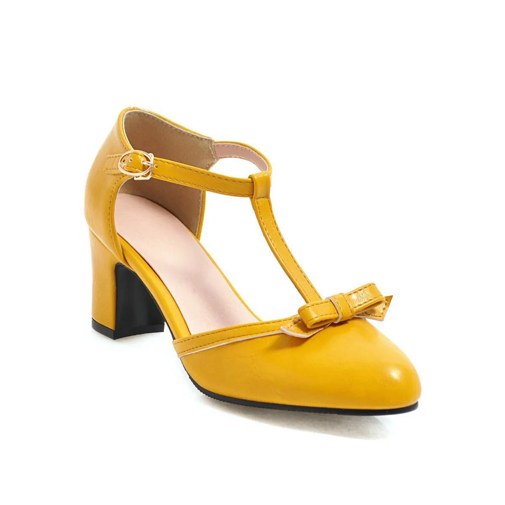 Women's chunky heel sandals with bow tie decoration and hollow out design in PU material