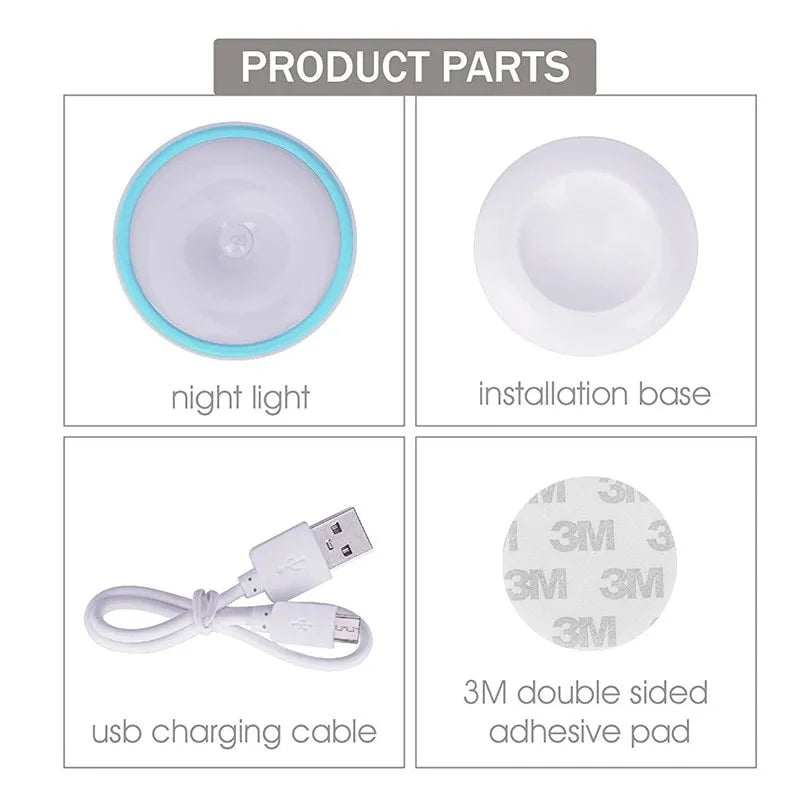 White ABS human body induction night light with 360-degree rotating LED head and magnetic base, dual colour temperature and brightness settings.