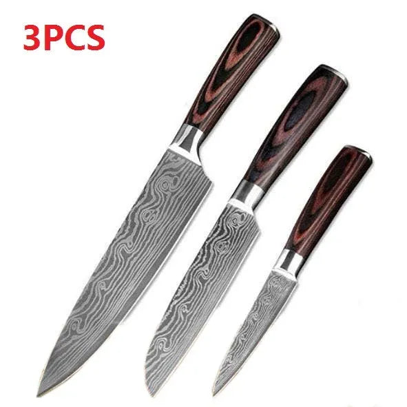 Stainless steel kitchen chef knife with laser Damascus pattern on blade and coloured wood handle.