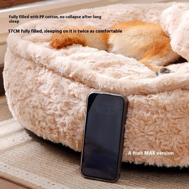 Removable washable pet bed in milk tea colour round nest design showing soft cloth construction