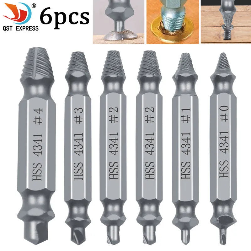 Six-piece screw remover extractor set with slip-tooth heads on a white background.