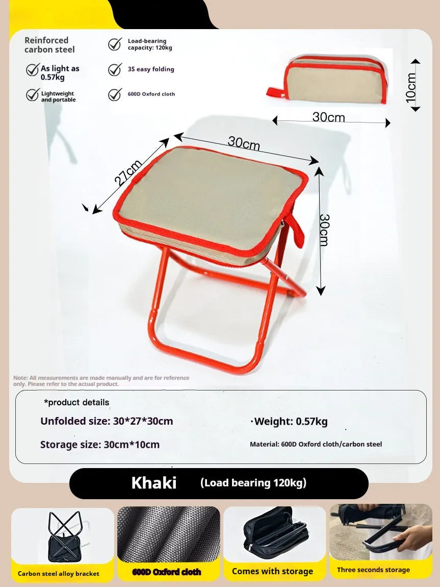 A folded Oxford cloth camp stool in a pencil box design, shown in khaki colour.