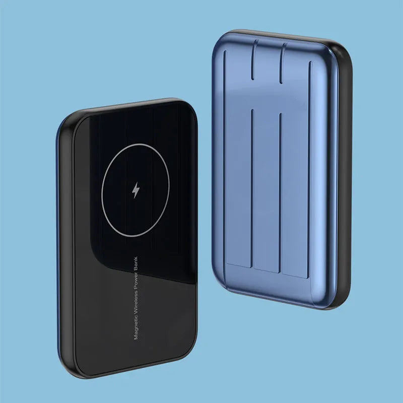 Magnetic wireless power bank in blue colour showing magnetic connectors and compact 98mm design