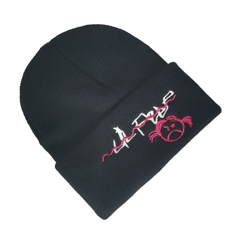 Wild fashion knitted wool pullover hat with satin weave and embroidery in black colour