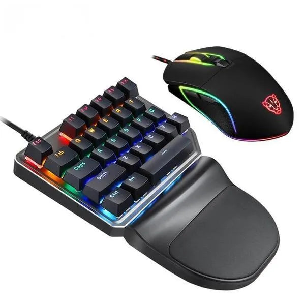 Motospeed black single-hand mechanical keyboard with 27 two-color keycaps in a ladder design; monochrome LED lighting on
