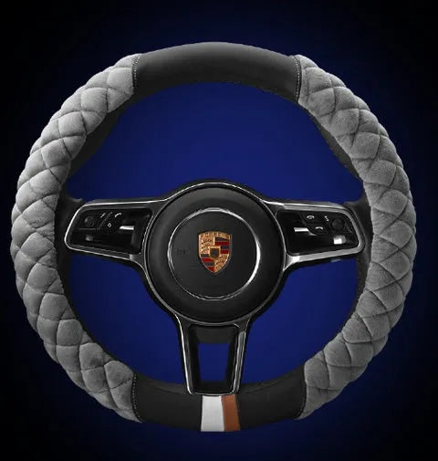 Universal 38cm plush steering wheel cover with footprint pattern, available in black, for winter warmth and non-slip grip