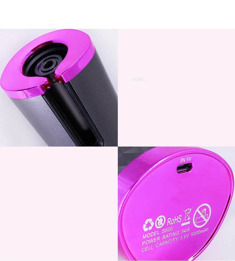 Pink rechargeable automatic hair curler with LCD screen and rotating ceramic barrel on a white background.