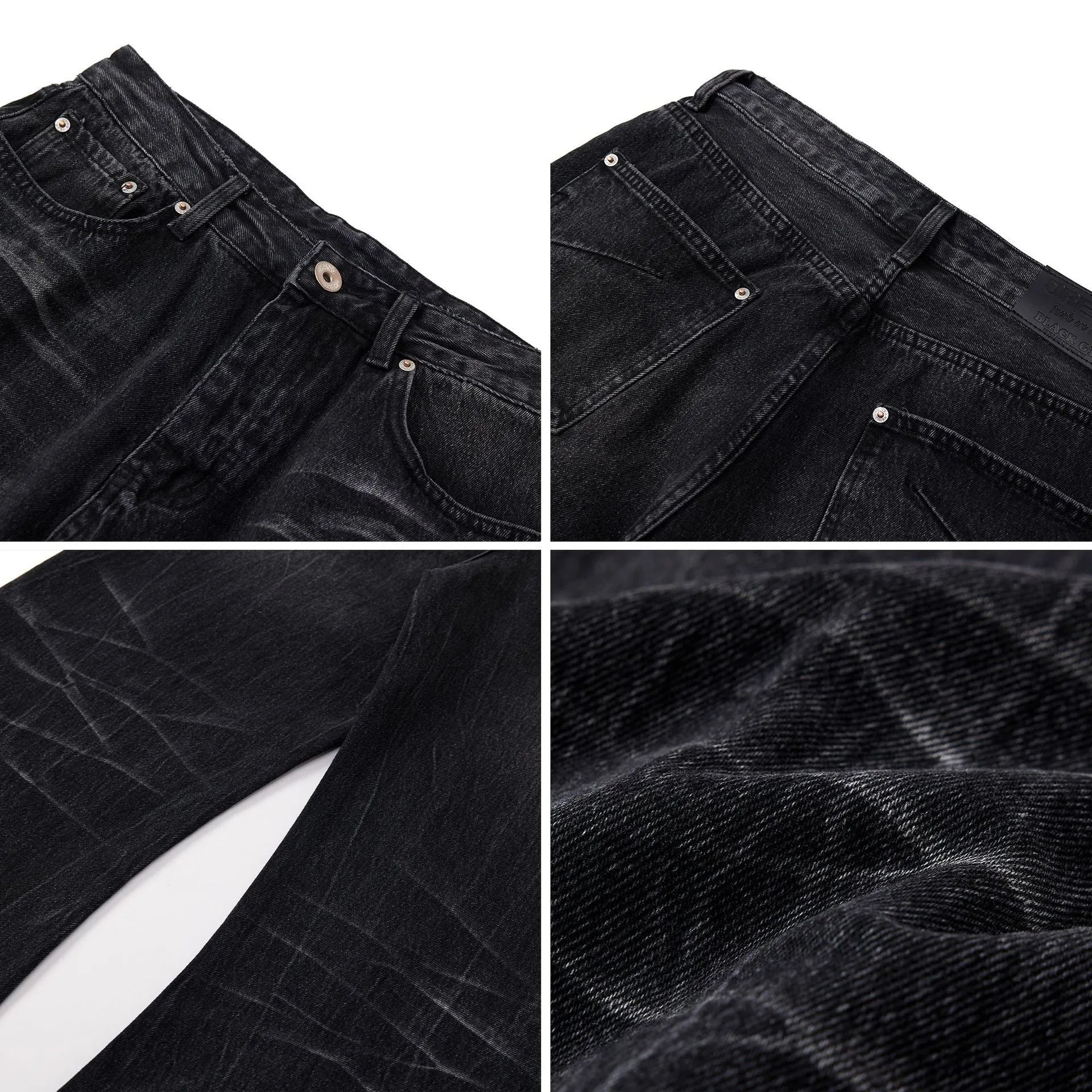 Men's black straight-leg jeans with a distressed lightning crack wash pattern on the legs.
